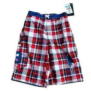 Polo boys swim trunks red plaid size 5/6 NWT